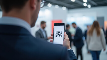 person holding smartphone displaying QR code in busy event space, surrounded by blurred attendees engaged in conversation