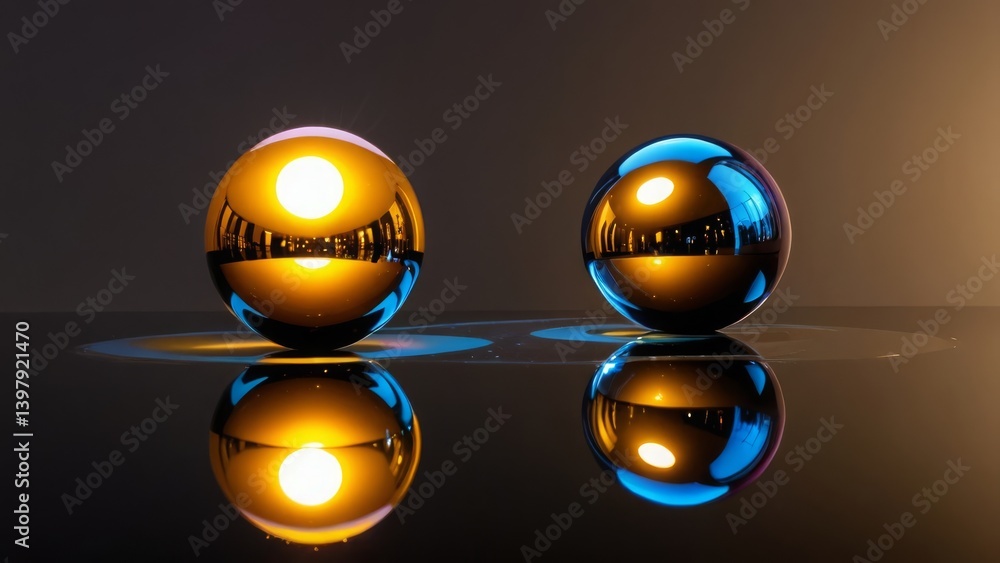 Poster two illuminated spheres with contrasting colors, reflecting on a glossy surface in a minimalistic se