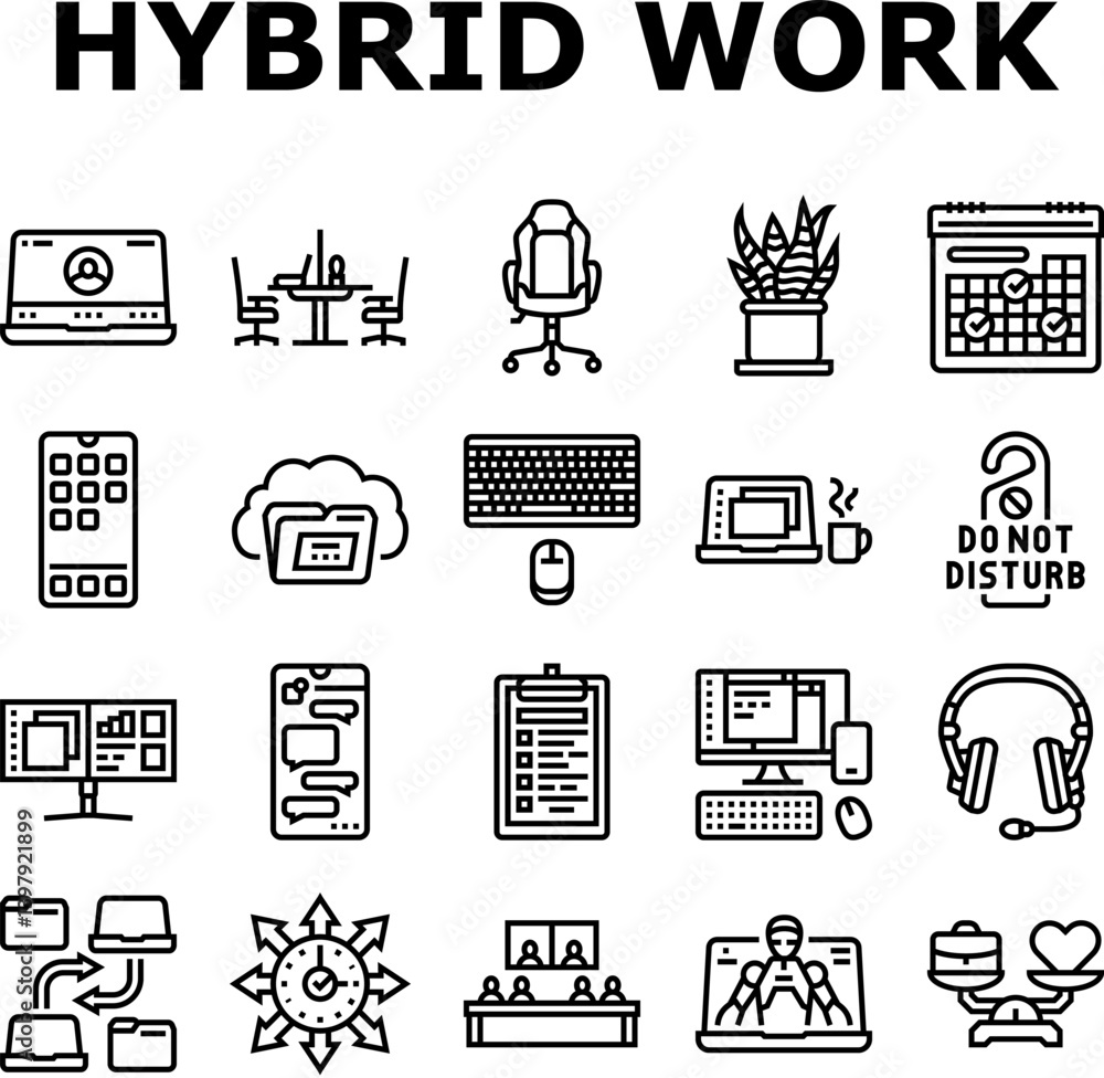 Poster hybrid work model remote icons set vector