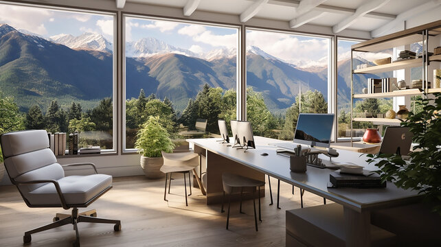 An office nestled in the mountains with expansive furniture and stunning views, perfect for a virtual office Google meeting background, combining modern design with nature.

