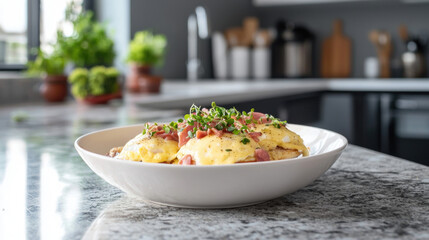 Delicious Eggs Benedict served on white plate, garnished with fresh herbs, showcasing modern kitchen setting