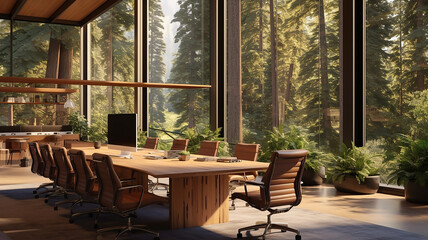 A modern workspace set amidst a forest of towering redwoods, ideal for a virtual office Google meeting background, blending nature with professional design.


