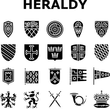 medieval heraldry shield icons set vector