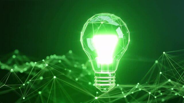 Low poly lightbulb glowing green over network, representing green energy, innovation, and eco friendly solutions for a sustainable future.