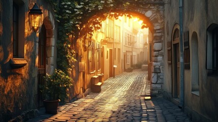 Fototapeta premium charming european cobblestone street with golden sunset light shining through an archway and old architecture in the distance creating a vintage feel