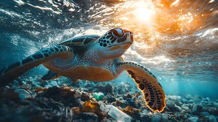 Obraz premium Sea turtle entangled in plastic waste in the ocean