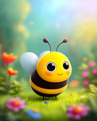 Naklejka premium Adorable Fuzzy Bee in a Vibrant Spring Meadow Digital Art