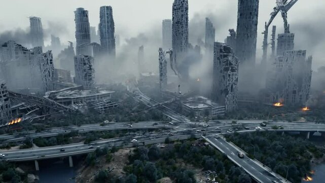 Apocalyptic Cityscape: A stark and evocative view of a desolate urban landscape, its skeletal structures silhouetted against a stormy sky. Reflecting on the ravages of time.