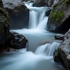 Fototapeta premium Small Waterfalls Over Rocks Cascading Waterfall in Nature Rocky Stream with Waterfalls Long Exposure Waterfall Scene