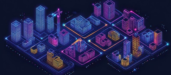 Isometric View of a Futuristic Digital City at Night