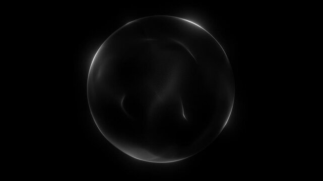 Gray glowing digital sphere of a stream of plasma particles on a dark background. Magical energy futuristic orb surrounded by fractal field. Fantasy sci fi dynamic shiny core. 4k 60fps looped graphic.
