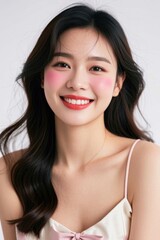 a close up of a woman with a pink lipstick and a pink bow