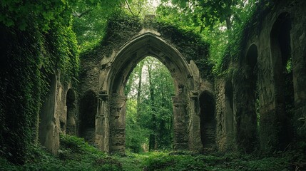 Fototapeta premium Ancient forest with overgrown ruins, a hidden fantasy world.