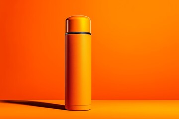 Modern Orange Thermos Standing Against a Bold Orange Background, Showcasing Vibrant Color and Sleek Design