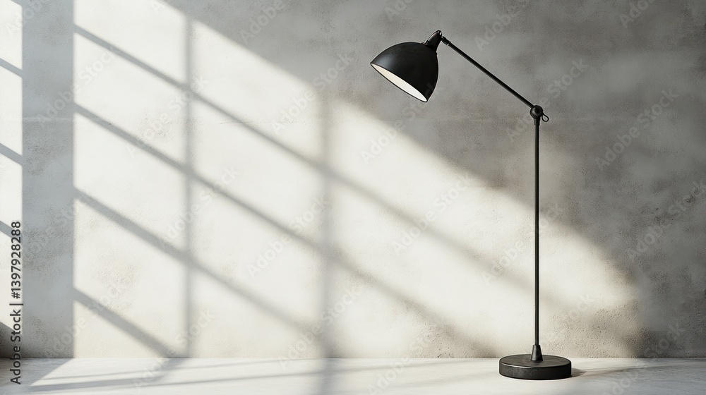 Poster minimalist interior scene featuring a black floor lamp casting soft light against a textured neutral
