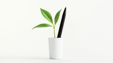 Small plant and pen in white cup.