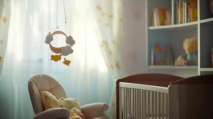 A serene nursery with soft natural light illuminating pastel-colored walls, featuring a cozy rocking chair with plush toys and a crib with delicate bedding, invoking a calming atmosphere for infants