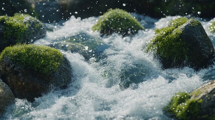 Rushing water splashes over mossy rocks in a flowing stream against sunlight