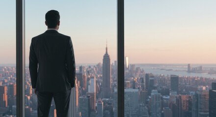 Businessman in Suit Looking Out Over New York City Skyline at Sunrise - Rear View