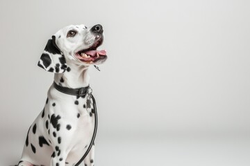 Dalmatian looking up indoors with neutral background, suitable for pet-related advertising