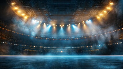 Dramatic stadium interior with bright lights and a smoky atmosphere.