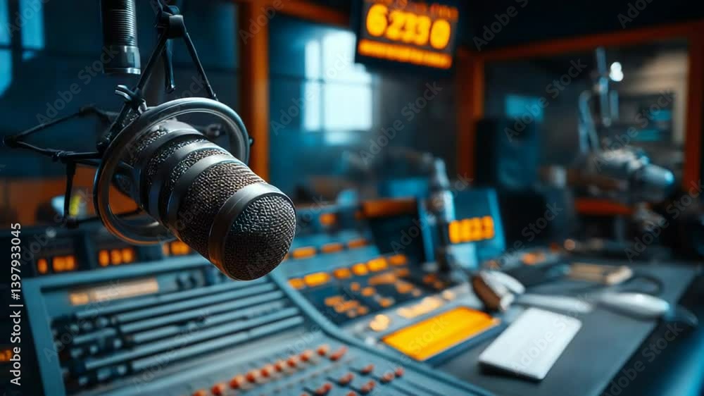 Aufkleber studio microphone ready for broadcasting in vibrant recording space generative ai