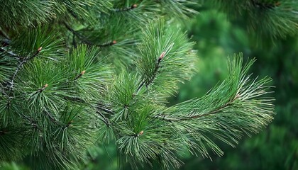 Green background Lush green pine branches with long needles in pinewood