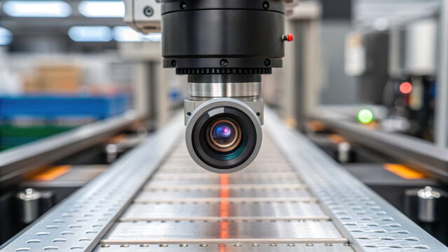 high tech camera lens focuses on precision conveyor system showcasing industry 4.0 concept in automation and innovation