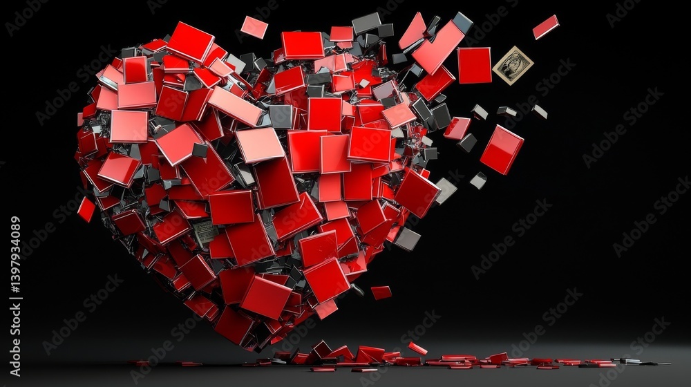 Poster a vibrant heart made of red and black squares exploding into pieces