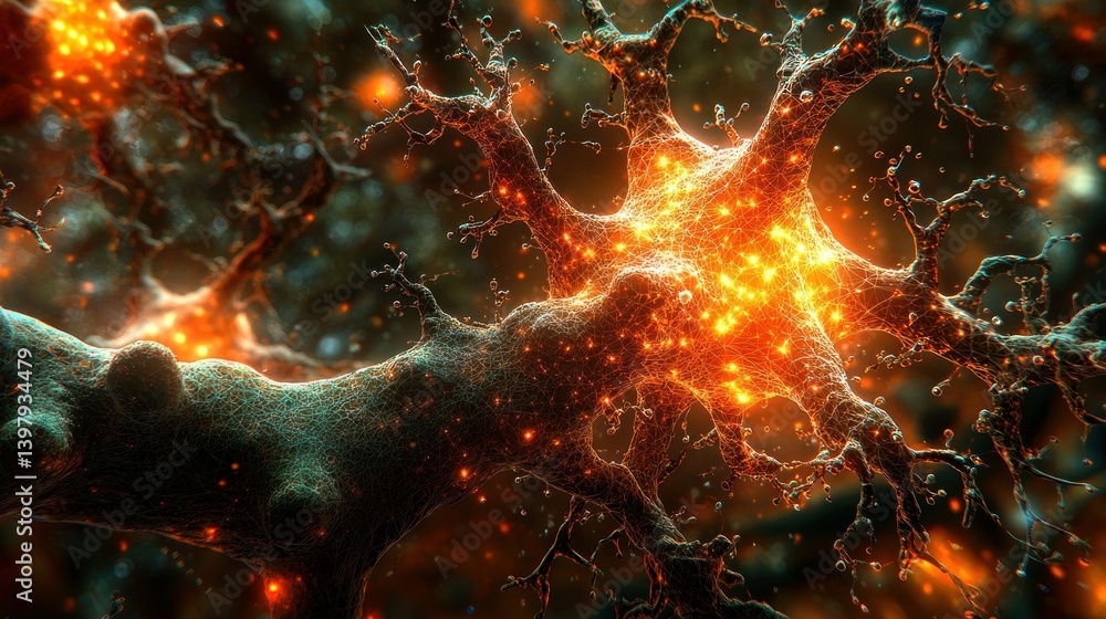 Poster microscopic view of a neuron firing: a glowing neural network
