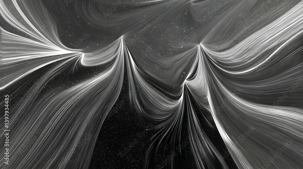 Poster abstract black and white fabric texture with flowing waves and particle effects