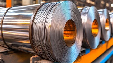 Obraz premium Rolled steel coils stacked in a manufacturing facility, showcasing industrial production