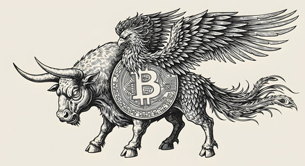 Bitcoin illustrated as a mythological creature - half bull, half phoenix - in classic engraving style, detailed black and white illustration
