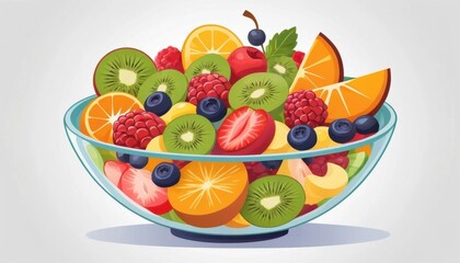 Fruit salad creation kitchen illustration bright colors top view healthy eating