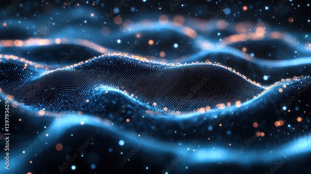 Aufkleber abstract technology background with glowing blue dots forming an undulating wave like surface and tw