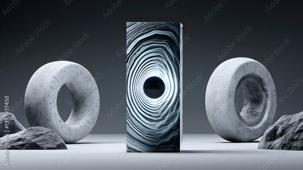 Fototapete abstract dark gray 3d render with geometric shapes and textures