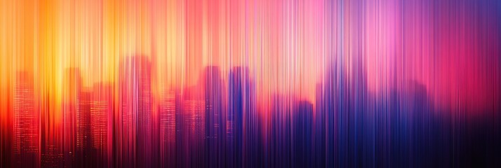 Photograph of skyscrapers in New York City, city lights streaking at high speed, red and blue gradient sky