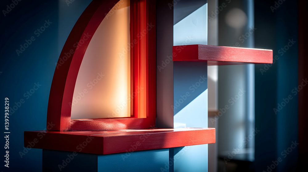 Poster abstract geometric forms in red and blue with light and shadow
