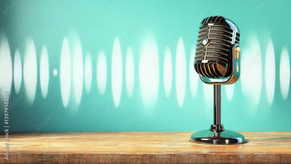 Poster retro style microphone with soundwave on wooden table generative ai