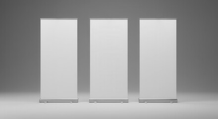 Three blank white roll-up pop-up pull-up stand banners, poster mockup template isolated on clean neutral grey studio backdrop, advert, promo, marketing, trade show expo, presentation, workshop event