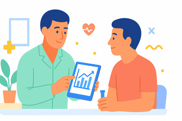 Fototapeta premium Healthcare consultation: doctor shows lab results to patient on a tablet. Doctor-patient communication in a calm, informative flat scene.