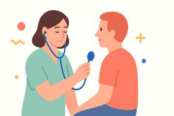Medical flat illustration: a doctor listens to a patient’s chest with a stethoscope during a check-up. Calm and professional healthcare scene in clean style.