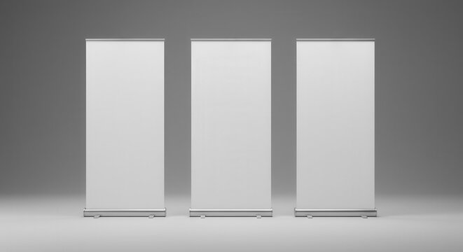 Three blank white roll-up pop-up pull-up stand banners, poster mockup template isolated on clean neutral grey studio backdrop, advert, promo, marketing, trade show expo, presentation, workshop event