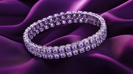 Obraz premium Top-down shot of diamond bracelet elegantly arranged on dark plum silk