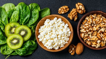 Fototapeta premium Healthy Breakfast Flat Lay Cottage Cheese with Kiwi, Walnuts, and Spinach