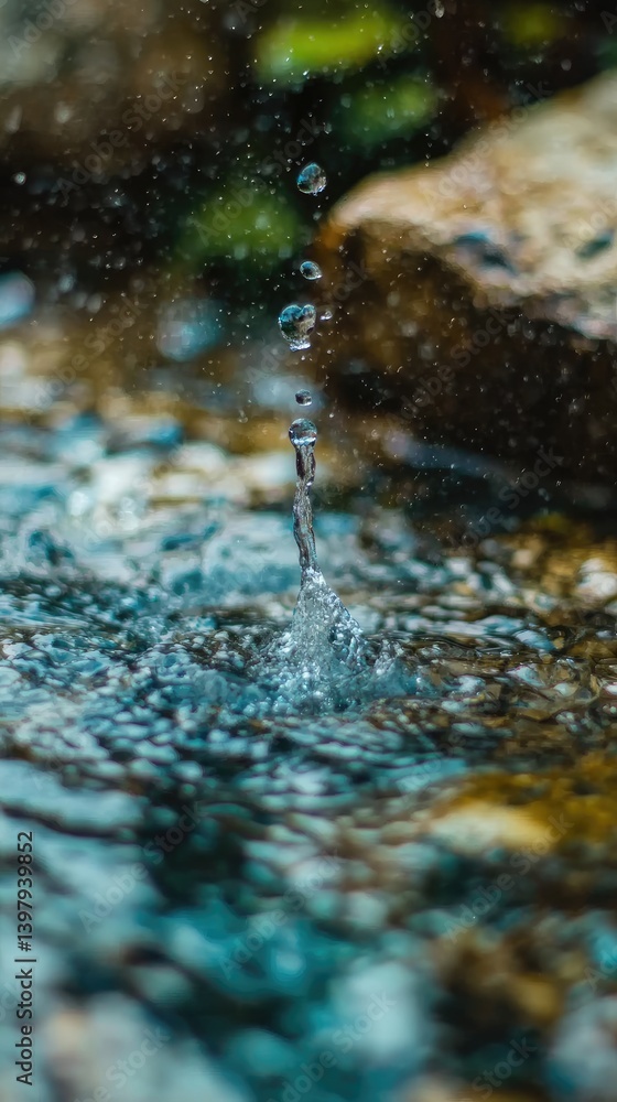 Poster water droplets falling into a shallow stream, creating ripples on the surface