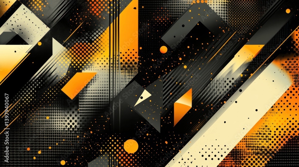 Poster energetic abstract composition featuring geometric shapes halftone patterns and dynamic lines in a b