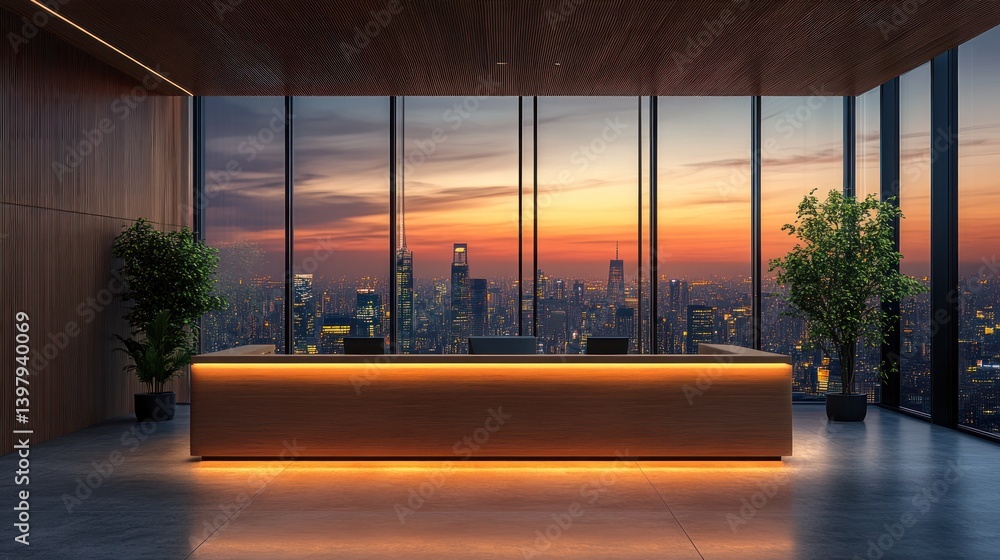 Poster illuminated reception desk with a breathtaking urban panorama at twilight creating a sense of modern