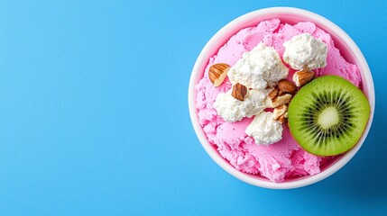 Pink Cottage Cheese with Kiwi and Nuts Flat Lay Food Photography