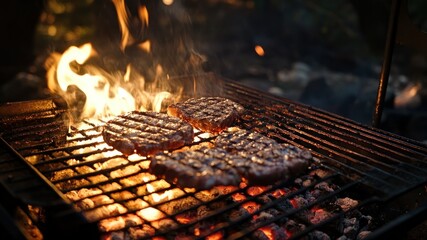 Burger patties sizzling over an open flame on a barbecue grill, summer cookout